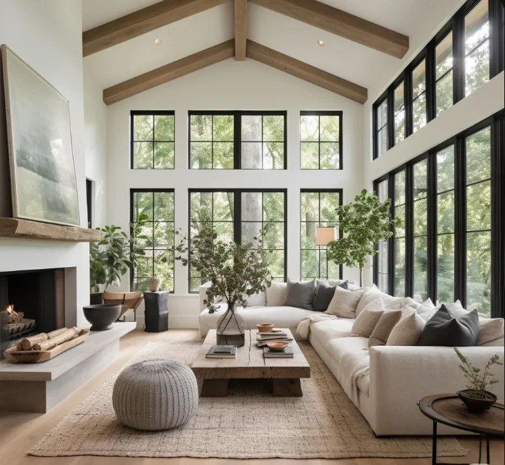 Light-filled renovated living room with tall windows and a fireplace